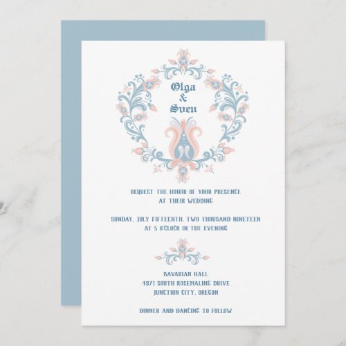 Scandinavian Folk Art Blush  Blue Wedding Invitat Invitation