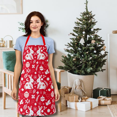 Scandinavian Folk Art Bunny Floral Pattern Red Apron