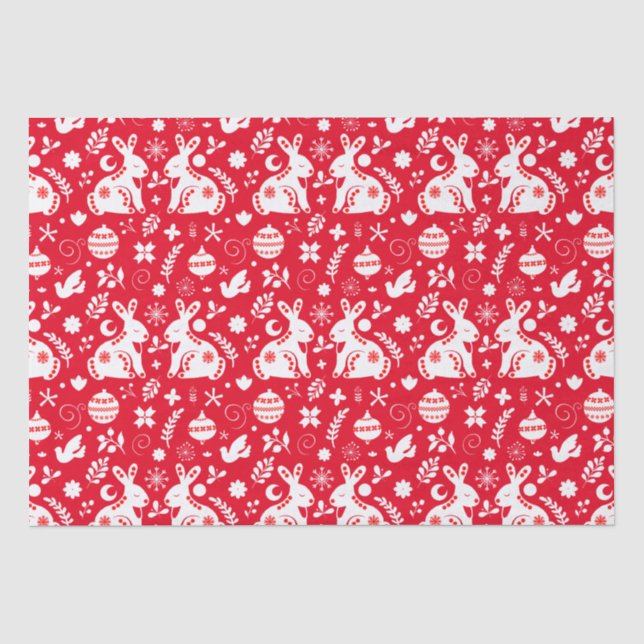 Scandinavian Folk Art Bunny Holiday Ornaments Red Tissue Paper (Front)