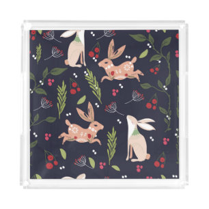 Scandinavian Folk Art Bunny Print Acrylic Tray