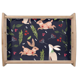 Scandinavian Folk Art Bunny Print Serving Tray