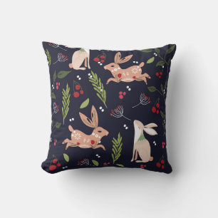 Scandinavian Folk Art Bunny Print Throw Pillow