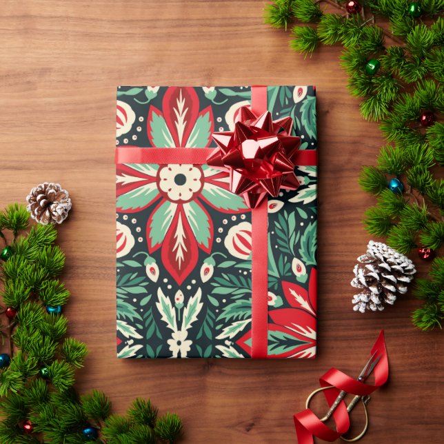 Scandinavian Folk Art Christmas Red and Green Wrapping Paper (Holiday Gift)