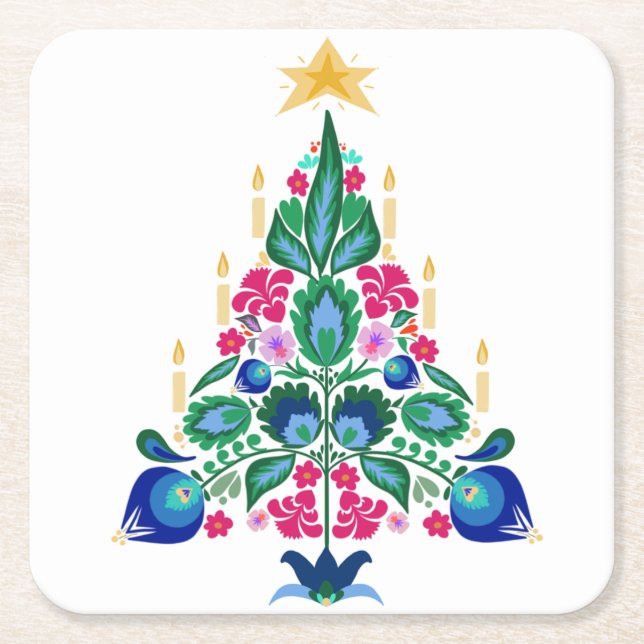 Scandinavian Folk Art Christmas Tree Air Freshner Square Paper Coaster (Front)