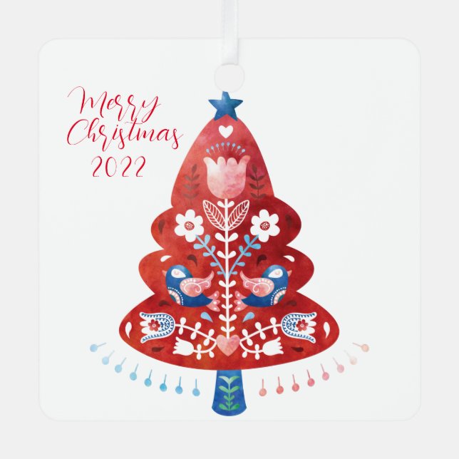 Scandinavian Folk Art Christmas Tree  Metal Ornament (Front)