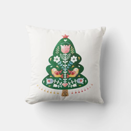 Scandinavian Folk Art Christmas Tree Throw Pillow