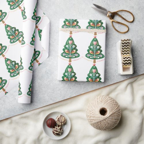Scandinavian Folk Art Christmas Tree Wrapping Pape Wrapping Paper