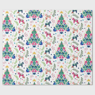 Scandinavian Folk Art Christmas Trees & Dala Horse Wrapping Paper