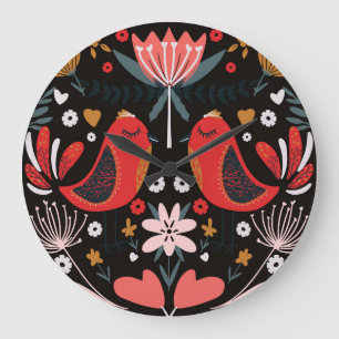 Scandinavian Folk Art: Colorful Birds. Large Clock