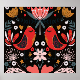 Scandinavian Folk Art: Colorful Birds. Poster