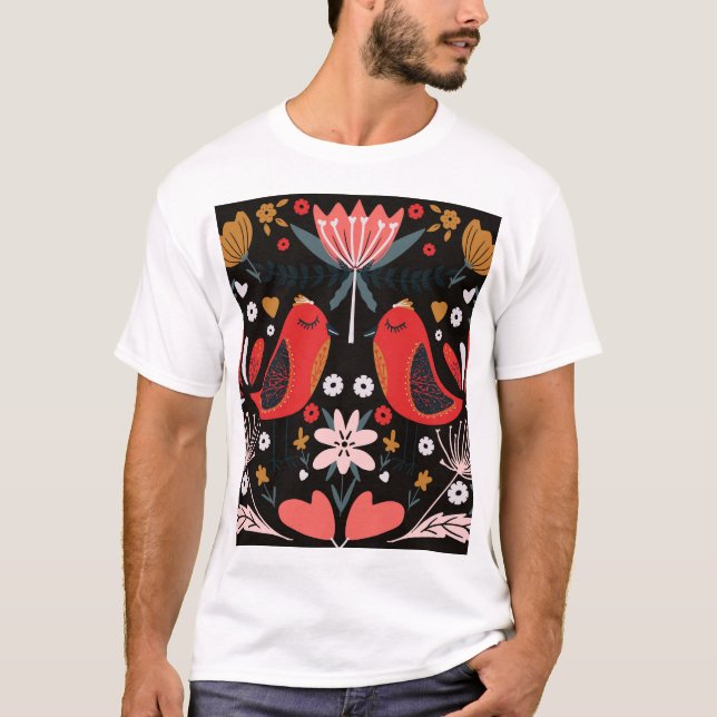 Scandinavian Folk Art: Colorful Birds. T-Shirt (Front)
