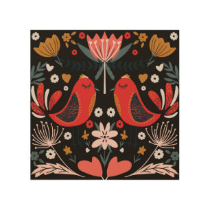 Scandinavian Folk Art: Colorful Birds. Wood Wall Art