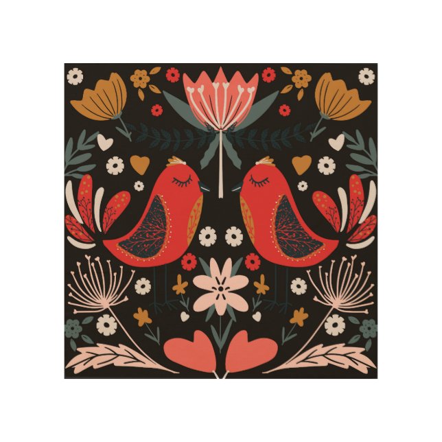 Scandinavian Folk Art: Colorful Birds. Wood Wall Art (Front)