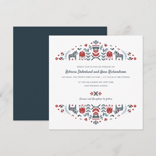 Scandinavian Folk Art Dala Horse Flower Wedding Invitation (Front/Back)