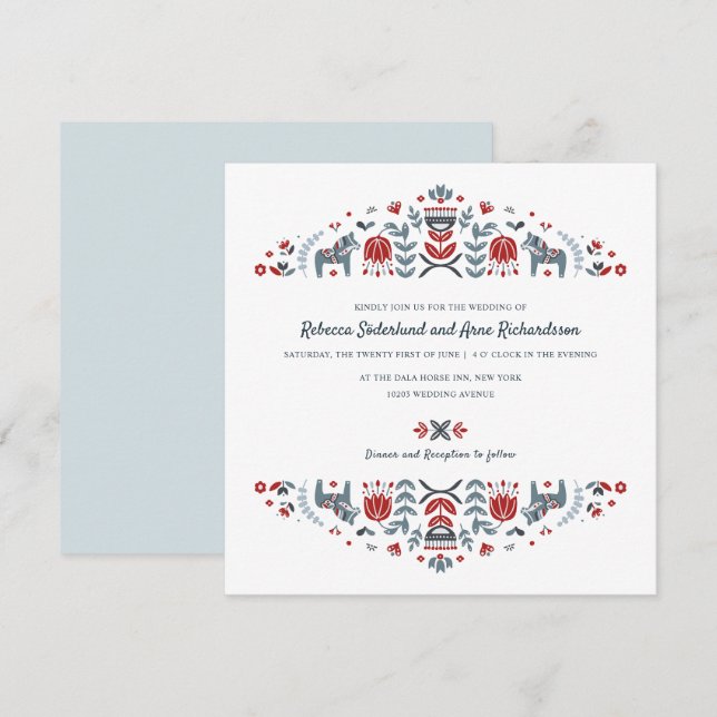 Scandinavian Folk Art Dala Horse Flower Wedding Invitation (Front/Back)