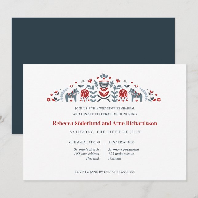 Scandinavian Folk Art Dala Horse  Rehearsal Dinner Invitation (Front/Back)