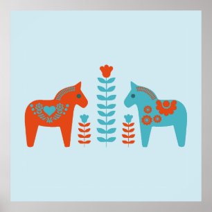 Scandinavian Folk Art Dala Horses and Flowers Poster