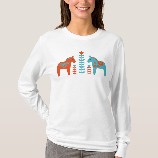 Scandinavian Folk Art Dala Horses and Flowers  T-Shirt (Front)