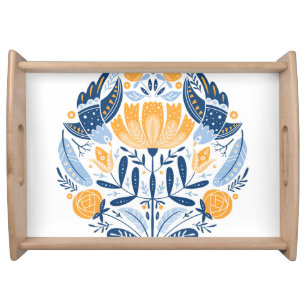 Scandinavian Folk Art Floral Ornament Serving Tray