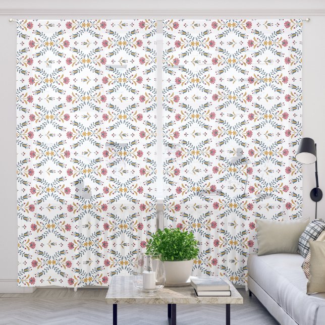 scandinavian Folk Art Flowers Pattern Sheer Curtains (Living Room)