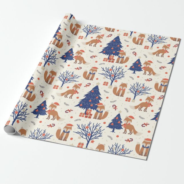 Scandinavian Folk Art Fox in Snow Christmas Tree Wrapping Paper (Unrolled)