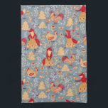 Scandinavian Folk Art Kitchen Towel<br><div class="desc">This Scandinavian inspired Kitchen Towel features a whimsical fox and chicken pattern with yellow,  and red designs on a blue background and coordinates with the "Velkommen" Collection. The perfect kitchen towel for any kitchen.</div>