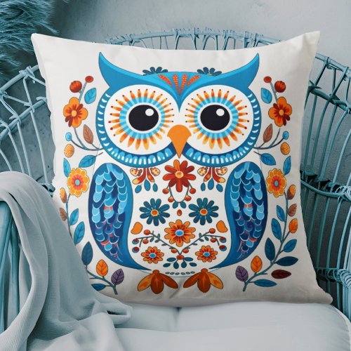 Scandinavian Folk Art Owl Throw Pillow