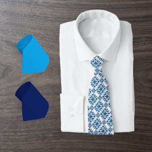 Scandinavian Folk Art Pattern in Blues & White Neck Tie