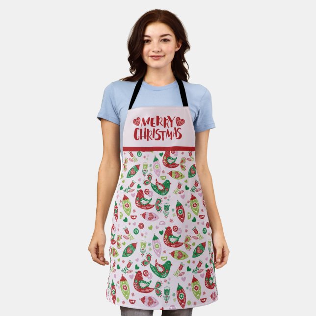 Scandinavian Folk Art Pink & Red Merry Christmas Apron (Worn)