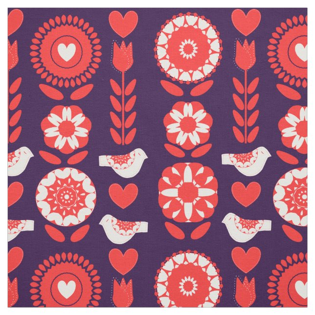 Scandinavian Folk Art Pretty Floral Pattern Fabric (Swatch)