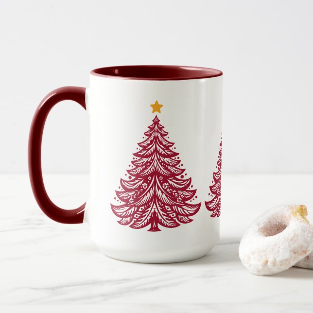 Scandinavian Folk Art Red Christmas Tree Coffee Mug (With Donut)