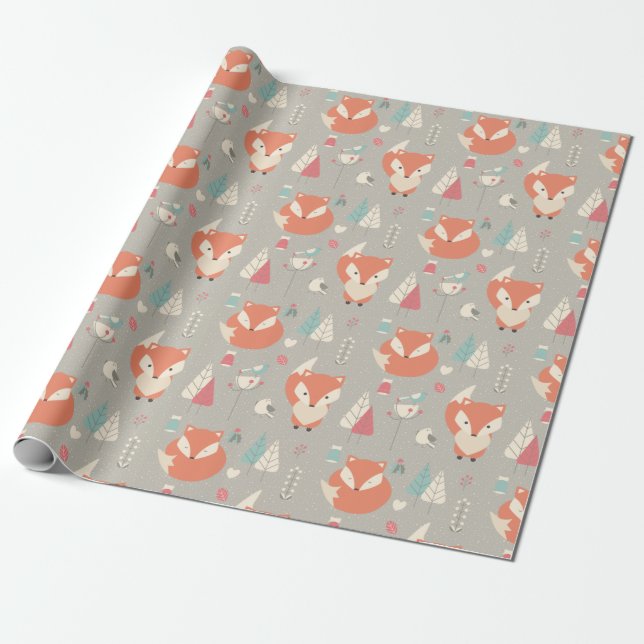 Scandinavian Folk Art Red Fox Flowers Wrapping Paper (Unrolled)
