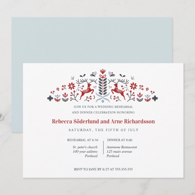 Scandinavian Folk Art Reindeer Rehearsal Dinner Invitation (Front/Back)