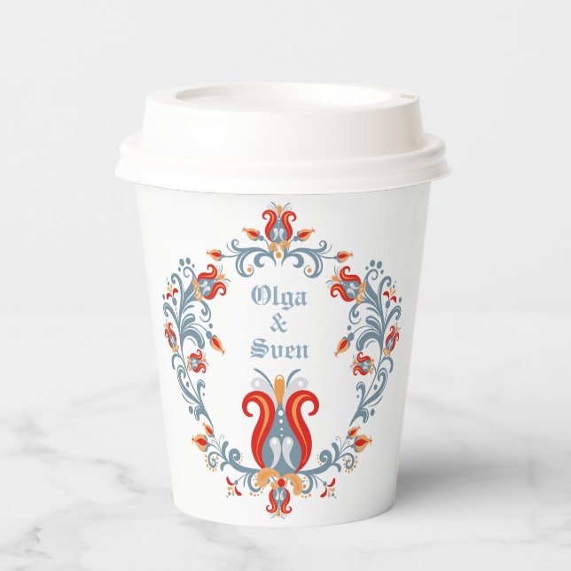 Scandinavian Folk Art Rosemaling Personalized Paper Cups (Front)