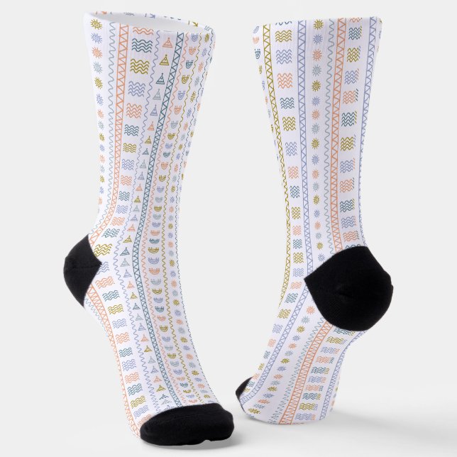 Scandinavian Folk Art Socks with Sun & Wave Patter (Angled)