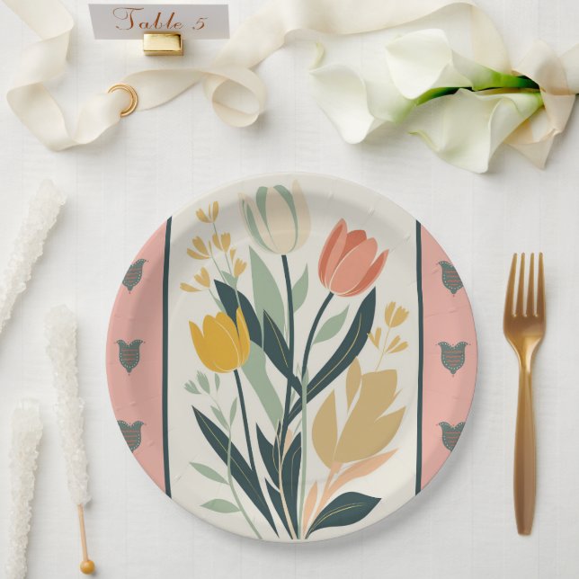 Scandinavian Folk Art Tulips Paper Plates (Wedding)