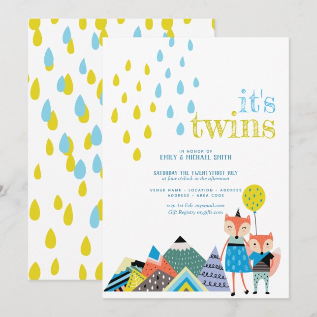 Scandinavian Folk Art TWINS Baby Shower Invites (Front/Back)