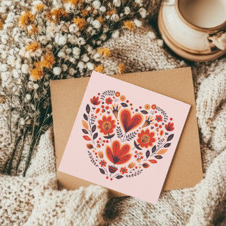 Scandinavian Folk Art Valentines  Note Card