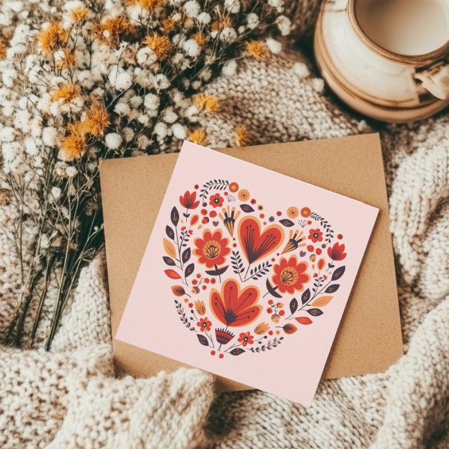 Scandinavian Folk Art Valentines  Note Card (Square Scandinavian Nordic Heart Card )