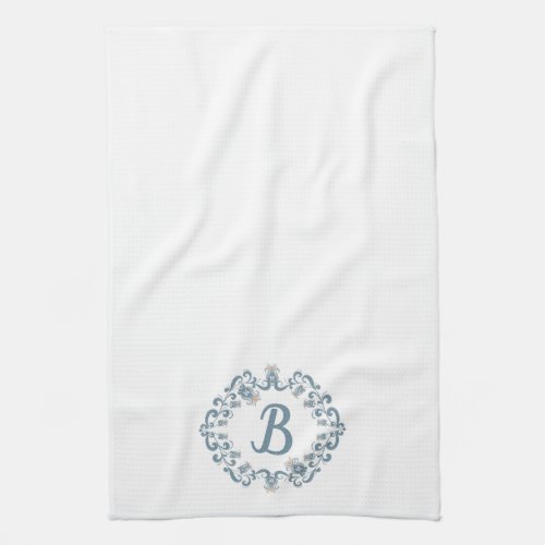 Scandinavian Folk Art Velkommen Blue Monogram Kitchen Towel