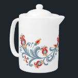 Scandinavian Folk Art Velkommen Teapot<br><div class="desc">A warm cup of tea is always a good way to welcome friends to your home. This Scandinavian inspired Teapot features a floral folk art design done in the traditional Scandinavian rosemaling tole painting style. The border around the front of the teapot has a blue swirl design with yellow, grey...</div>