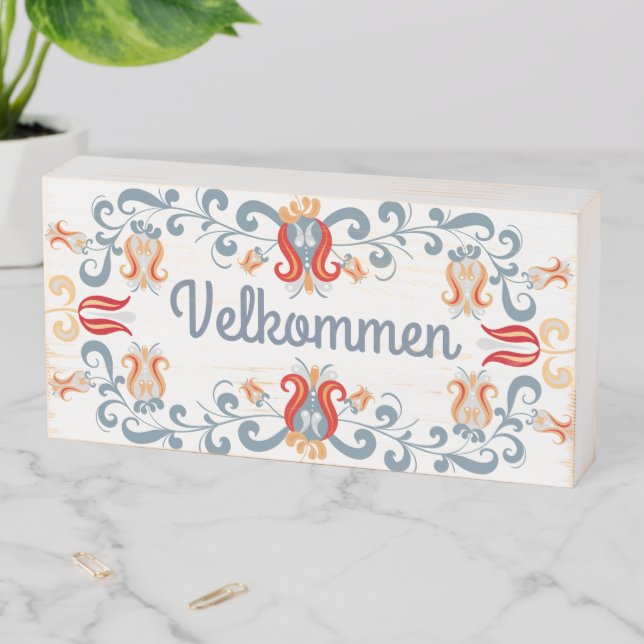 Scandinavian Folk Art Velkommen Wood Welcome Sign (In Situ Horizontal)