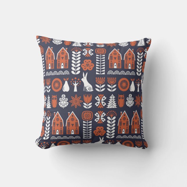 Scandinavian Folk Art Vintage Pattern Throw Pillow (Front)