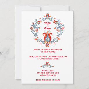 Scandinavian Folk Art Wedding Invitation Red/Blue