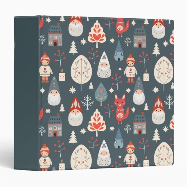 Scandinavian folk art with Christmas gnomes  3 Ring Binder (Front/Spine)