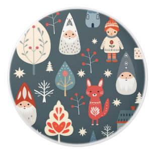Scandinavian folk art with Christmas gnomes Ceramic Knob