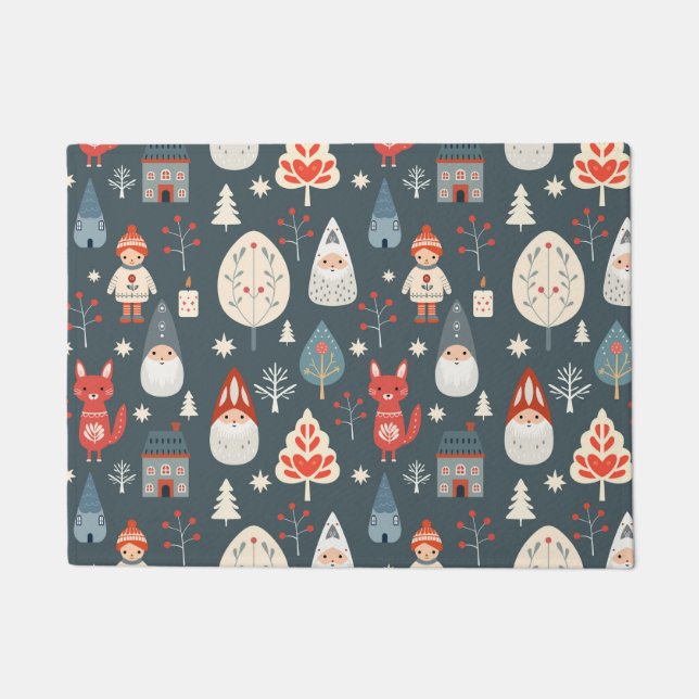 Scandinavian folk art with Christmas gnomes  Doormat (Front)