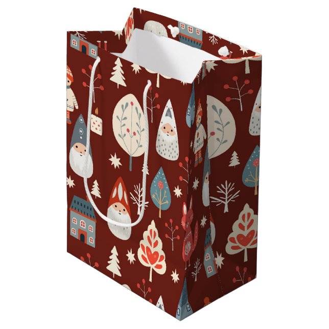 Scandinavian folk art with Christmas gnomes Medium Gift Bag (Front Angled)