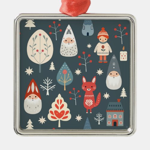 Scandinavian folk art with Christmas gnomes  Metal Ornament