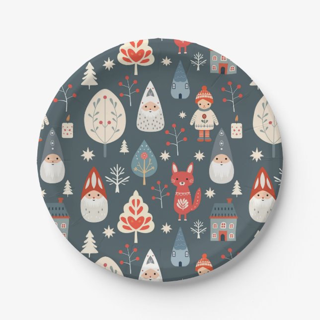 Scandinavian folk art with Christmas gnomes  Paper Plates (Front)